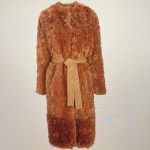 Express Shaggy Faux Fur Knee Length Long Belted Coat Pecan Brown Size XS